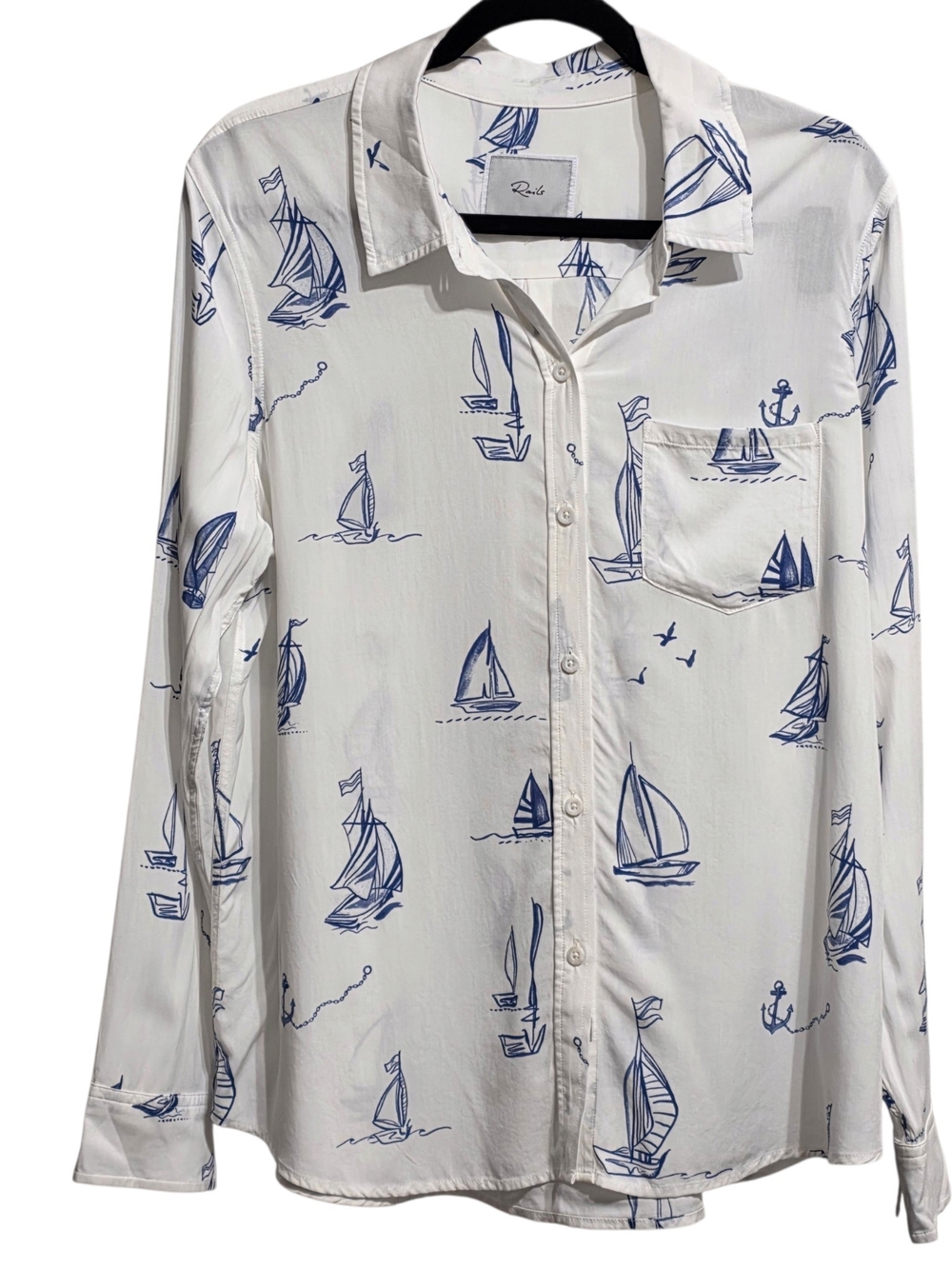 Rails Kathryn Sailboat Print Button Down Shirt White Blue Nautical Coastal Sz L